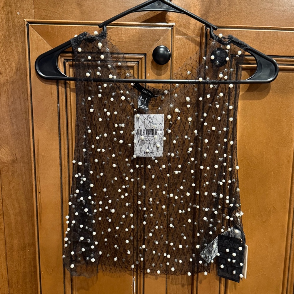 Forever 21 Black Mesh Top with Pearl Details